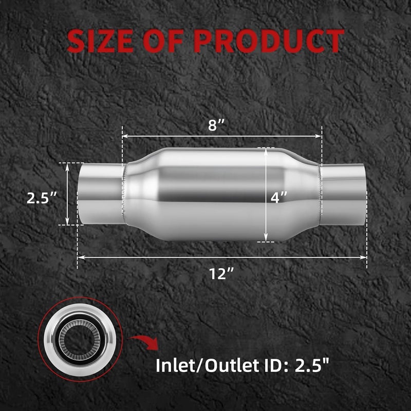 LCGP 2.5" Inlet Universal Resonator,2.5in Inlet/Outlet x 12in Length 304 Stainless Steel Performance Muffler, Bottle Style Resonator,Polished, Straight Through Design, Deep Tone - Image 2